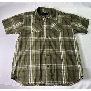 Hurley Plaid Button Up Short Sleeve‎ Casual Shirt Pocket Olive Green Size XL Men